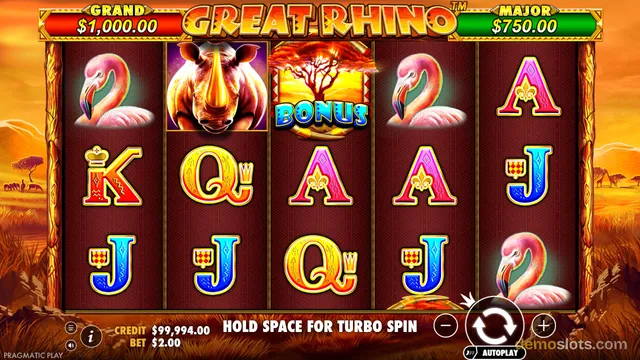 A slot machine screen titled Great Rhino displays a 5x3 grid of symbols including rhinos, flamingos, and playing cards against an African sunset background.