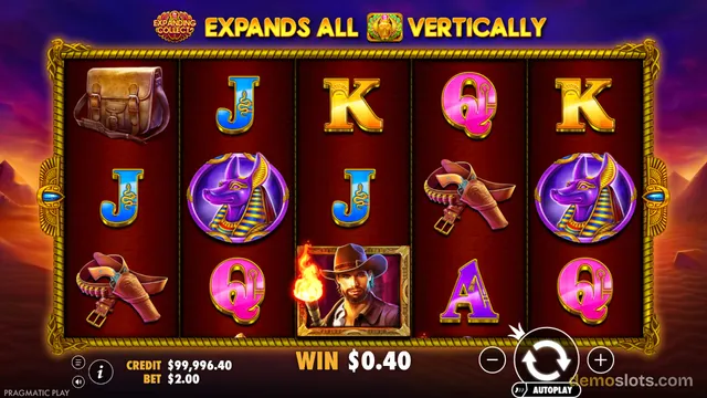 A 5x3 Egyptian-themed slot game grid displaying settled symbols including a man with a torch, a satchel, and letter tiles, with a win of $0.40 shown at the bottom.