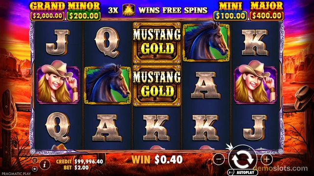A 5x3 grid slot game featuring a western theme with a cowboy woman, a horse, and metal letter symbols.