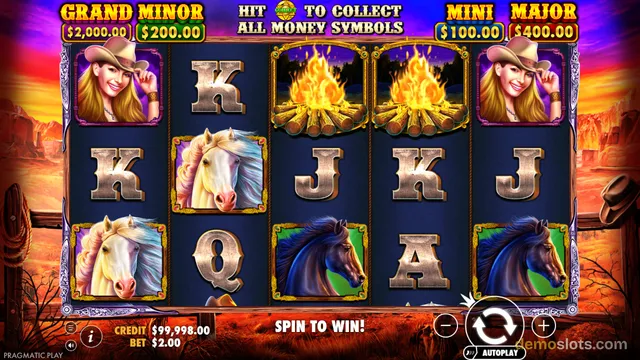 A western-themed slot machine grid showing a 5-reel, 3-row layout with cowboy, horse, campfire, and playing card symbols.