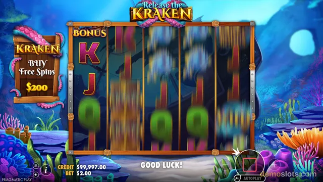 A screenshot of the 'Release the Kraken' slot game by Pragmatic Play showing a 5-reel grid mid-spin with motion blur, a 'BONUS' label on the left, and a 'Buy Free Spins' button for $200.
