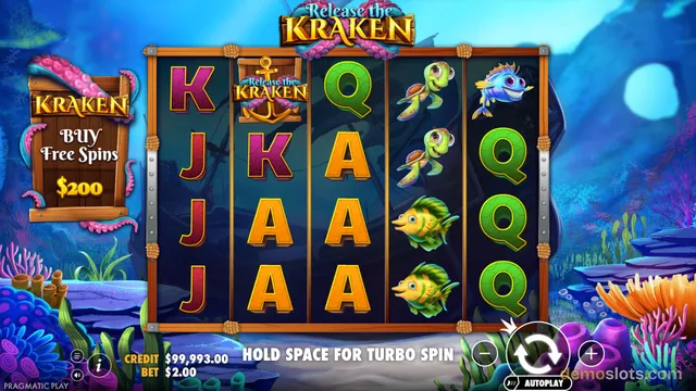 A brightly rendered slot game grid showing a 5x4 layout of ocean-themed symbols with a 'Release the Kraken' title at the top.