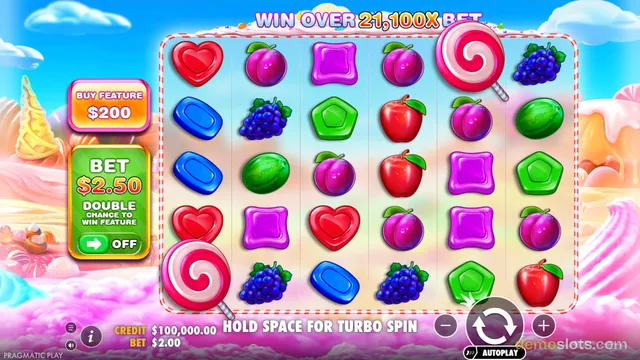 A candy-themed slot game shows a 5x5 grid of fruit and candy symbols with a large lollipop on the left, and a banner at the top reading WIN OVER 21,100X BET.