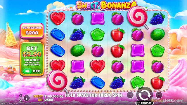 Sweet Bonanza slot game showing a 5x6 grid of candy and fruit symbols with a $2.00 bet and $100,000.00 credit displayed at the bottom, plus a buy feature button and bet multiplier controls on the left side.