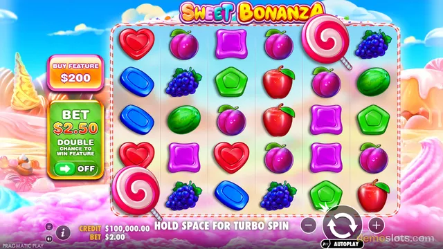 A 6x5 candy-themed slot game grid filled with fruit and candy symbols, with a large pink lollipop on the left and a spin button at the bottom right.