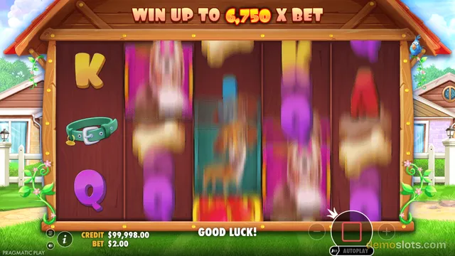 A slot game grid is partially settled with a 'K' and 'Q' on the left, while the remaining four reels show heavy motion blur and a 'WIN UP TO 6,750 X BET' banner is visible above.