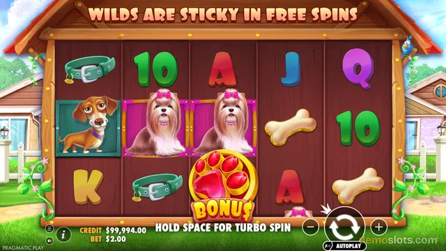 A 5x3 slot game grid featuring dog characters, bones, collars, and playing card symbols set against a wooden doghouse background.