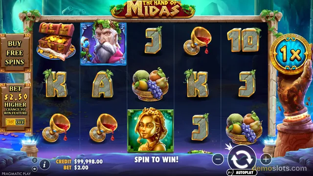 A 5x3 grid of a Greek-themed slot game showing a treasure chest, playing cards, fruit, and a golden goblet, with a 'spin to win' message at the bottom.
