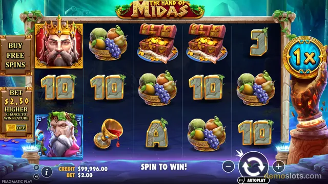 A screenshot of a slot machine game titled 'The Hand of Midas' displaying a settled 5x3 grid of symbols including a king, fruit, treasure chests, and card numbers.