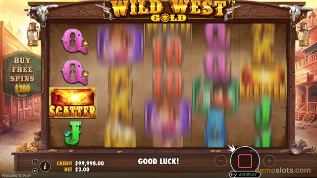 A screenshot of the Wild West Gold slot game showing a partially settled grid on the left and motion-blurred spinning reels on the right, with a 'GOOD LUCK!' message in the center.