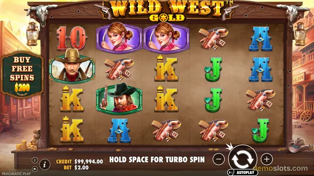 A fully rendered grid of symbols from the Wild West Gold slot game, featuring Western-themed icons and a saloon background.
