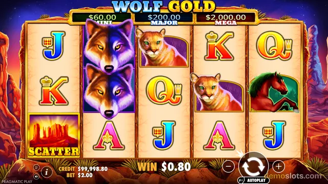A 5x3 video slot grid for 'Wolf Gold' displays a mix of playing card symbols, animal icons, and a scatter tile against a desert landscape background.