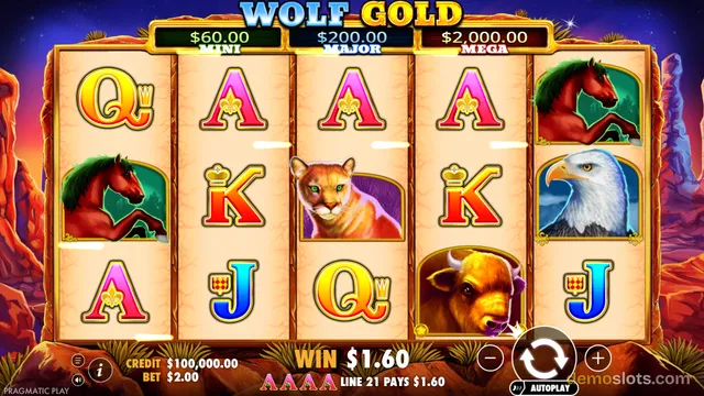 A 5x3 slot game grid displaying a win of $1.60 with various animal and card symbols against a desert background.