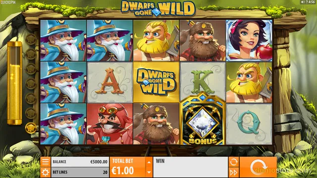 A screenshot of the 'Dwarfs Gone Wild' slot game showing a 5x3 grid of cartoon-style dwarf characters and symbols on a stone background.
