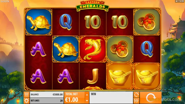 A fully rendered 5x3 grid of the slot game Eastern Emeralds displays various symbols against a warm, sunset-lit Chinese landscape background.