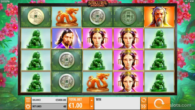 A 5x4 grid of slot symbols from the game Sakura Fortune is displayed, featuring a balance of €5000.00 and a total bet of €1.00.