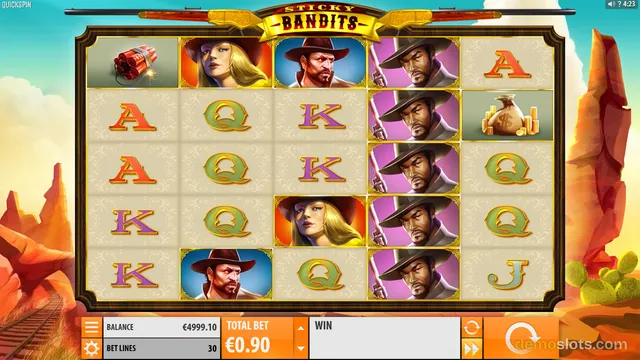 A fully rendered 5x5 slot grid for 'Sticky Bandits' displays a settled combination of characters and card symbols in a western-themed setting.