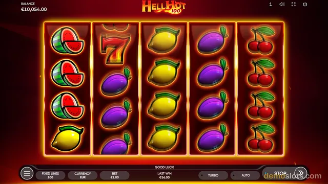 A 5-reel, 4-row slot game titled Hell Hot 100 displays fruit symbols with a balance of €10,054.00 and a last win of €56.00.