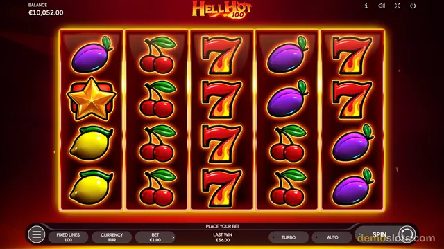 A Hell Hot 100 slot game screen showing a 5x4 reel grid with fruit symbols, a balance of €10,052.00, and a spin button.