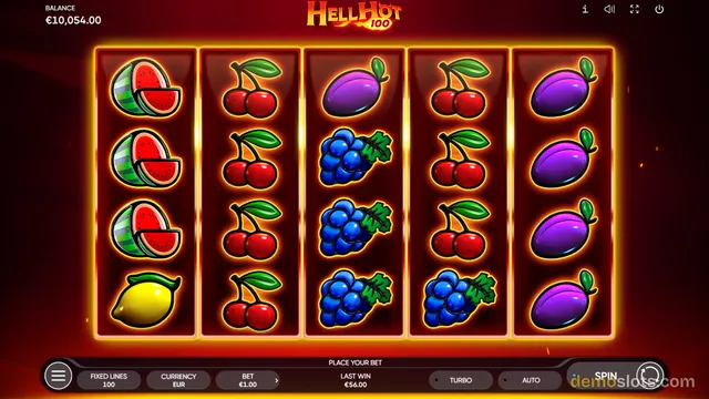 A 5x4 slot game grid showing fruit symbols with a red fiery background.