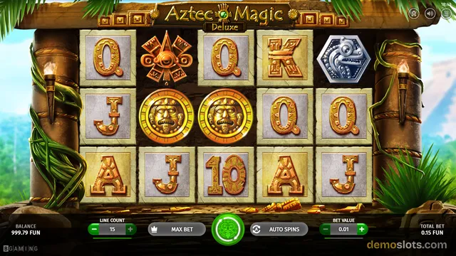 A 5x3 slot game grid for 'Aztec Magic Deluxe' displays a mix of gold letter symbols and Aztec-themed icons against a jungle temple background.