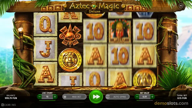A slot game titled Aztec Magic Deluxe displays a 5x3 grid with spinning reels, showing various Aztec-themed symbols against a jungle background.