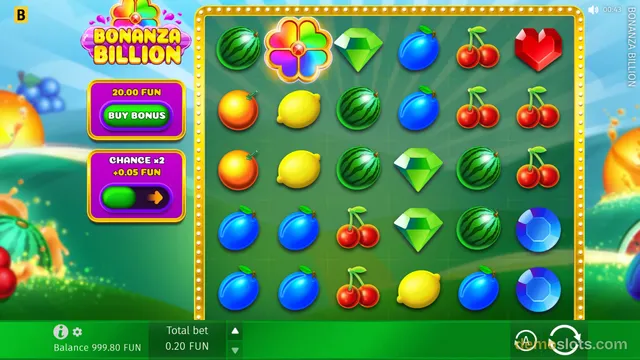 A slot game screen for Bonanza Billion showing a 6x5 grid of fruit and gem symbols with a colorful flower icon glowing at the top.