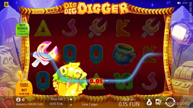 A slot game screen titled 'Dig Dig Digger' displaying a 5x3 grid of symbols with a glowing win line connecting a pickaxe, a treasure chest, a triangle, and a snake symbol.