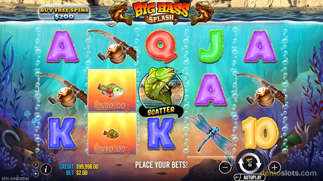 A settled 5-reel slot grid showing Big Bass Splash symbols including a fishing rod, scatter fish, and lettered A, K, Q, J, and 10 tiles.