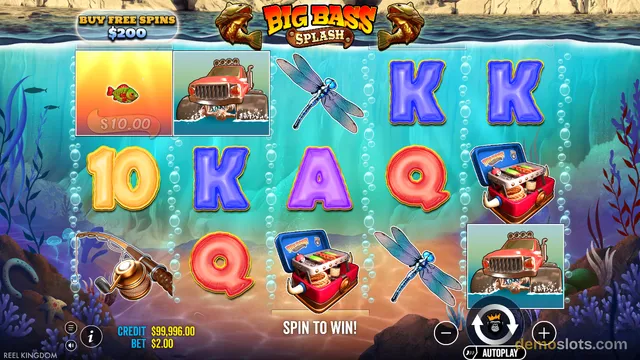 A 5x3 slot game grid titled Big Bass Splash is displayed underwater, showing a mix of symbols including a fish, a jeep, a dragonfly, letters and a tackle box, with a SPIN TO WIN prompt below.