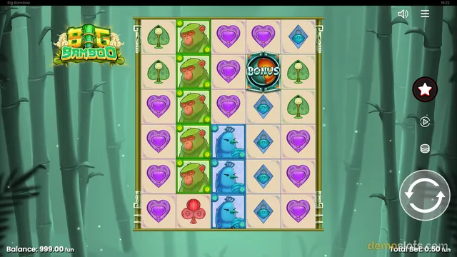 A 6x6 slot game grid titled Big Bamboo shows various symbols including monkeys, hearts, and bonus icons against a bamboo forest background.