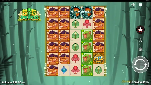 A 6x6 slot game grid titled Big Bamboo displays symbols of boars, monkeys, plants, and a wild, with two BONUS icons at the top.