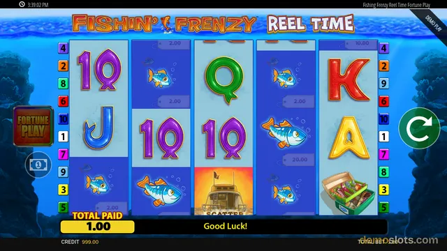 A slot game titled Fishin' Frenzy Reel Time shows five reels with symbols including letters, fish, a boat, and a tackle box, with a total paid amount of 1.00.