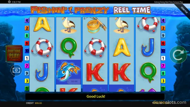 A bright, fully rendered 5-reel slot game titled Fishin' Frenzy Reel Time, showing a settled base-game grid with various fishing-themed symbols and a 'Good Luck!' message at the bottom.