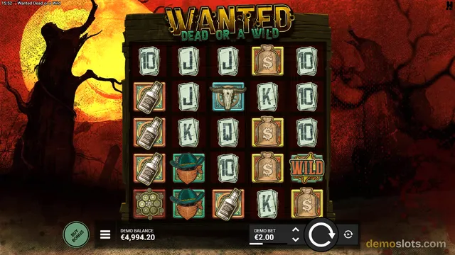 A fully rendered 5x5 slot grid displaying various western-themed symbols on a dark red background.