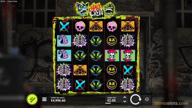 A screenshot of the Chaos Crew slot game displaying a 5x5 grid of symbols against a dark, graffiti-covered urban background.