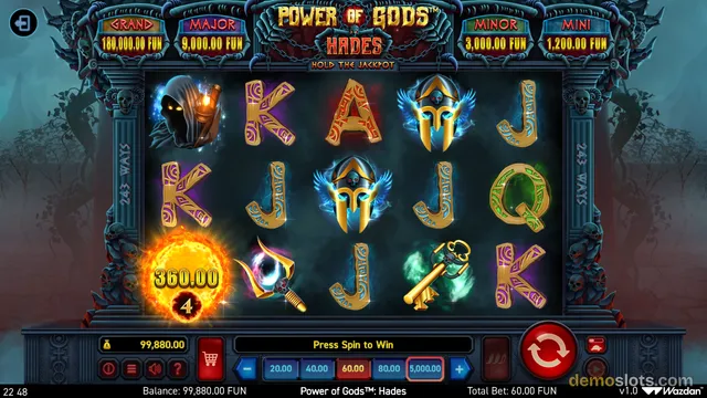 A slot game screen for Power of Gods: Hades shows a 5x3 grid of symbols with a win of 360.00 FUN displayed on the bottom left.