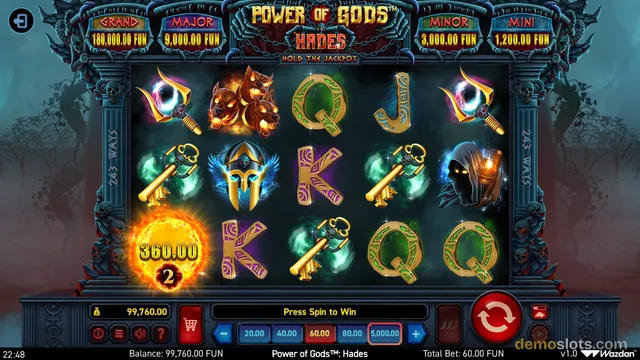 A screenshot of the slot game Power of Gods: Hades showing a 5x3 grid with a 360.00 win displayed in a fiery orb.