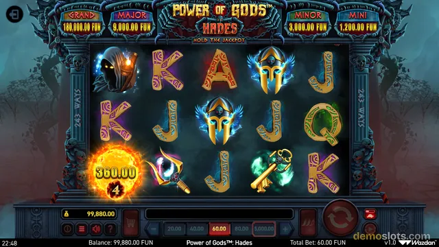 A screenshot of the 'Power of Gods: Hades' slot game showing a 5x3 grid of symbols including Greek letters, a hooded figure, and a winged helmet, with a win of 360.00 displayed.
