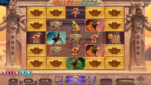 A fully rendered slot game screen titled Valley of the Gods showing a 5x5 grid of Egyptian-themed symbols.