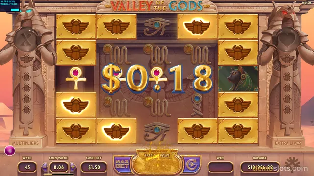 A screenshot of the online slot game Valley of the Gods showing a settled 5x4 grid of Egyptian-themed symbols with a large $018 win display in the center.