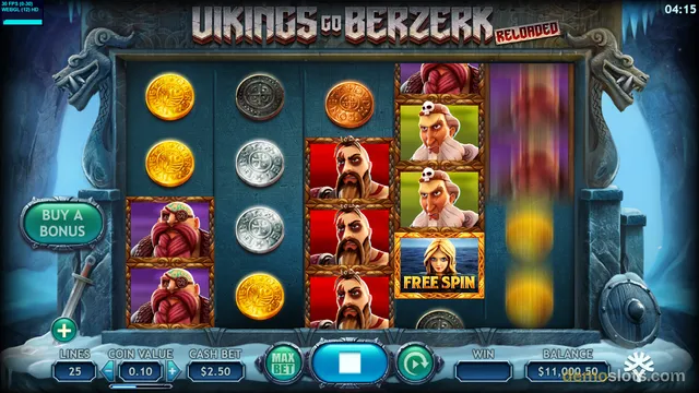 A screenshot of the slot game 'Vikings Go Berzerk Reloaded' showing a 5-reel grid with coins and Viking character symbols.