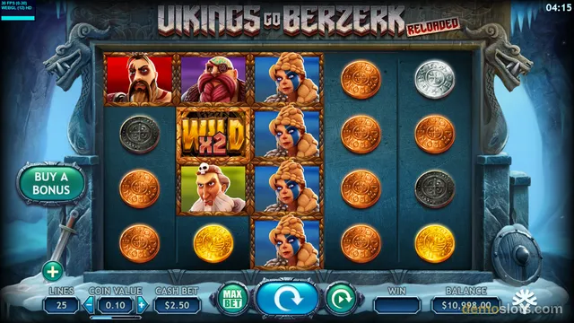 A slot machine screen for 'Vikings Go Berzerk Reloaded' showing a 5x4 grid of symbols with a 'BUY A BONUS' button on the left and bet controls at the bottom.