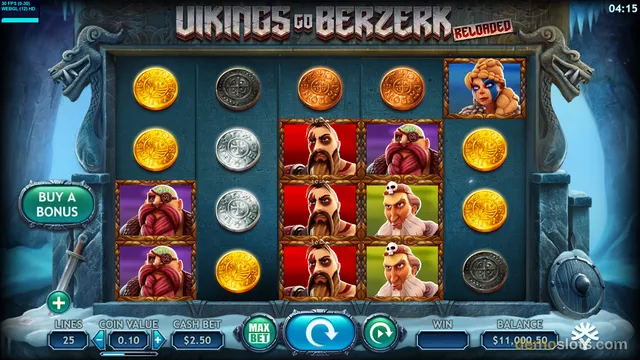 A fully rendered screen of the slot game 'Vikings Go Berzerk Reloaded' displaying a 5x3 grid of symbols including coins and character portraits, with a 'Buy a Bonus' button on the left and betting controls at the bottom.