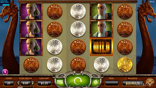 A fully rendered slot game grid displaying cartoon-style Norse characters and coins, framed by wooden dragon sculptures.