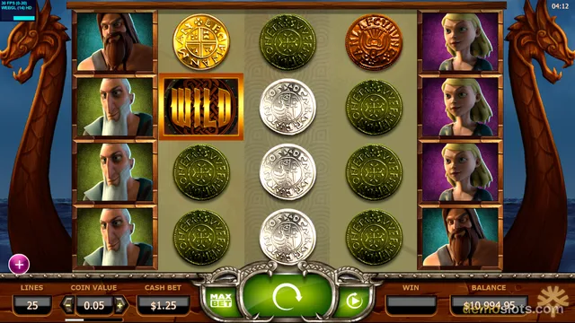 A slot machine game interface featuring a 5x4 grid of Norse-themed symbols, including characters from an animated film, and various coin symbols.