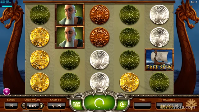 A fully rendered 5-reel, 4-row slot game screen featuring Viking-themed symbols including coins and character portraits set against a blue ocean background.