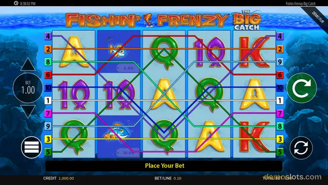 A 5-reel, 3-row slot game titled Fishin' Frenzy The Big Catch shows a fully rendered underwater scene with letter symbols on the reels and a Place Your Bet message.