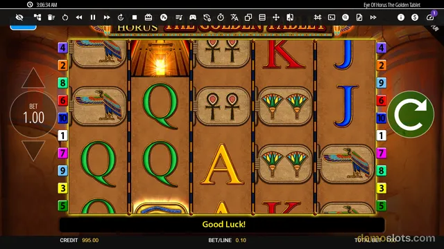 A screenshot of the slot game Eye Of Horus The Golden Tablet showing a 5x4 grid with Egyptian-themed symbols including scarabs, ankh tiles, letter tiles, and fan tiles, with a green spin button on the right.