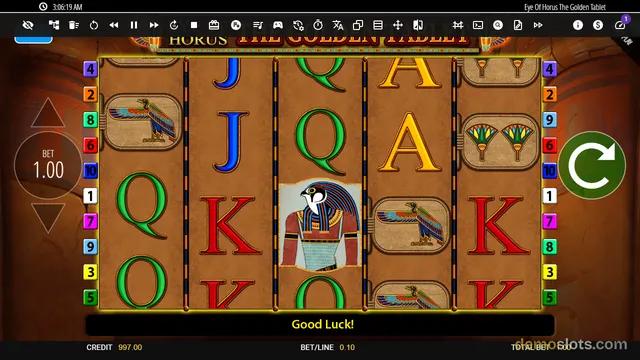 A screenshot of the slot game Eye of Horus The Golden Tablet showing a 5 by 5 grid of symbols on a brown background.